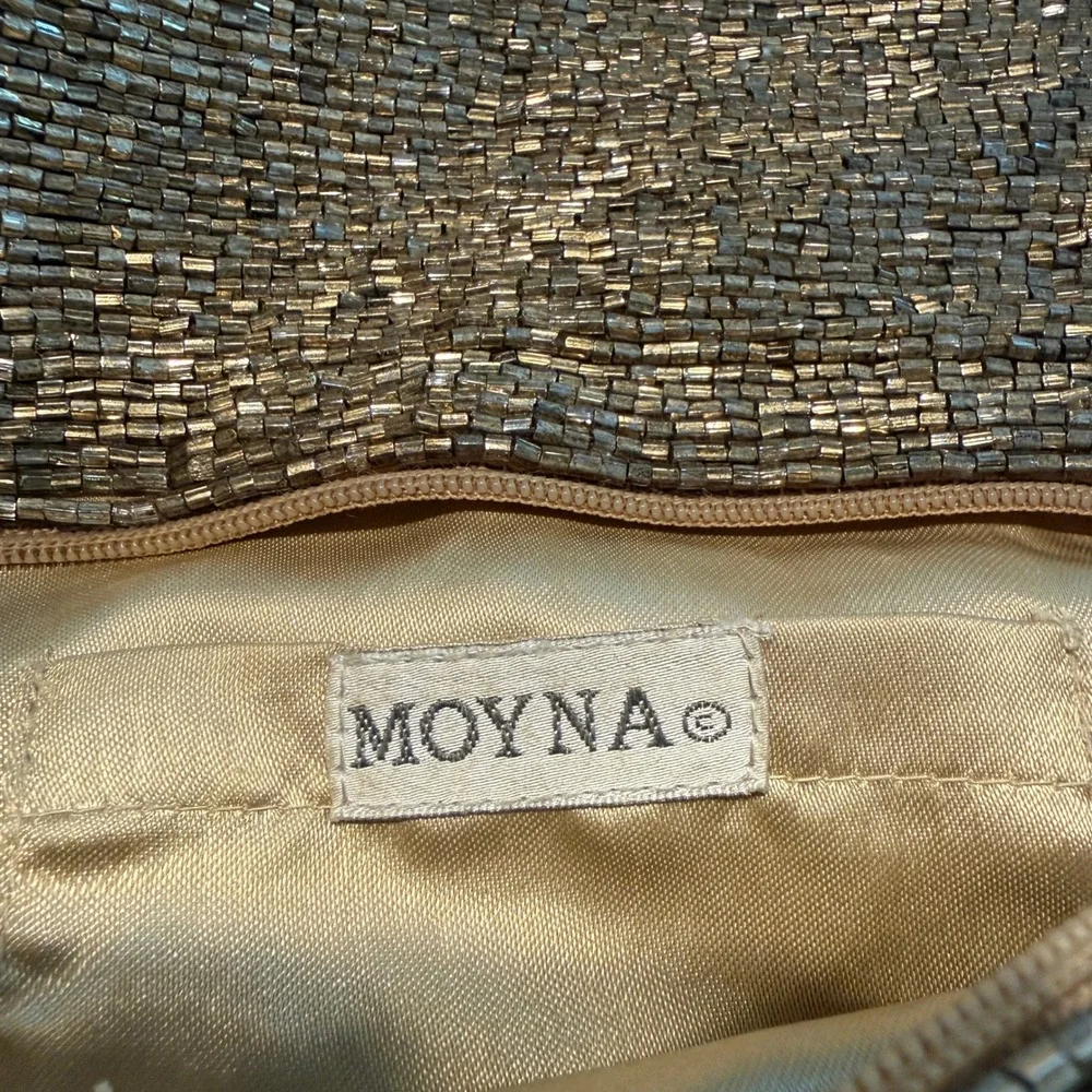 Moyna Metallic Bronze Beaded Foldover Clutch Evening Bag Zipper Closure Handbag